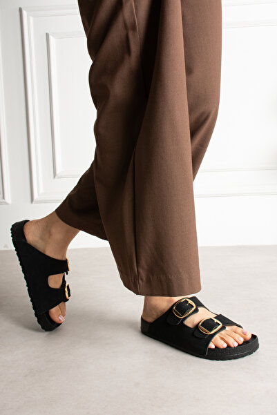 pasyone Μαύρες γυναικείες κομψές άνετες παντόφλες με διπλή πόρπη