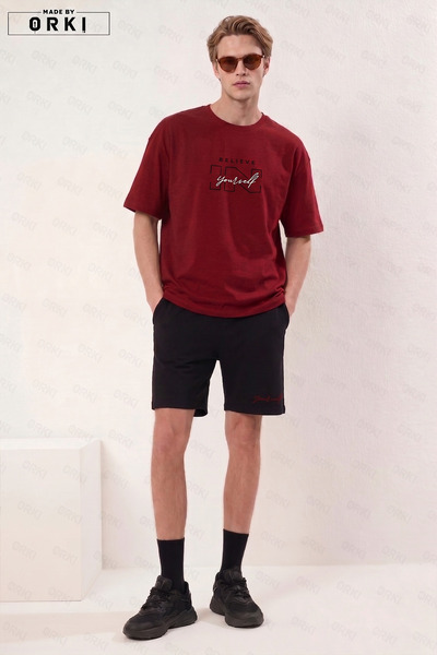 EFFRENATU Ανδρικό σετ με κόκκινο μπλουζάκι με στάμπα "Believe Yourself " σε μ...