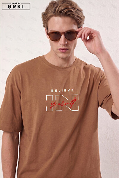 EFFRENATU Ανδρικό μπλουζάκι με στάμπα "Believe Yourself " σε ανοιχτό καφέ χρώ...