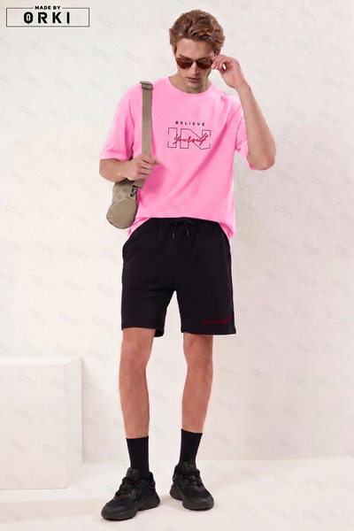 EFFRENATU Ανδρικό σετ με ροζ μπλουζάκι με στάμπα "Believe Yourself " σε μεγάλ...