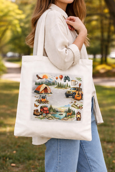 Tomris Hatun Camping Themed Raw Cloth Bag, Shoulder Bag, Shopping Cloth Bag, Sublimation Printed Cloth Bag