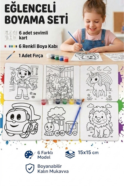 NEWPARİ Çocuk Eğitici Eğlenceli Boyama Seti 6 'lı Boyama Kartı 6 Renkli Boya ...