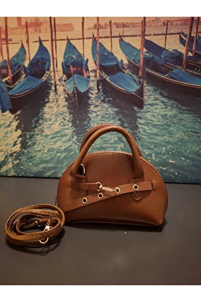 Karamel fermuarlı oval mini el ve omuz çantası