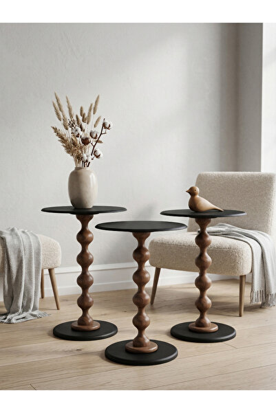 goji home decor 3’lü Ahşap Metal Zigon Sehpa Seti 50-55-60 cm Siyah Tabla Nat...