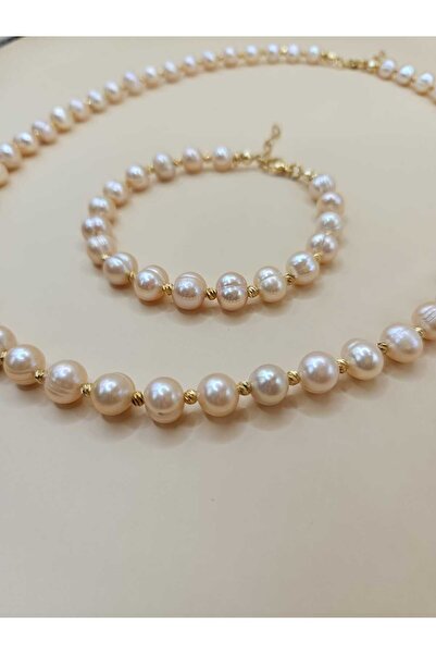 İNCİORA JEWELRY GERÇEK DOĞAL İNCİ 8-9 mm PEMBE (SOMON) İNCİ DORİKA SET (kolye...
