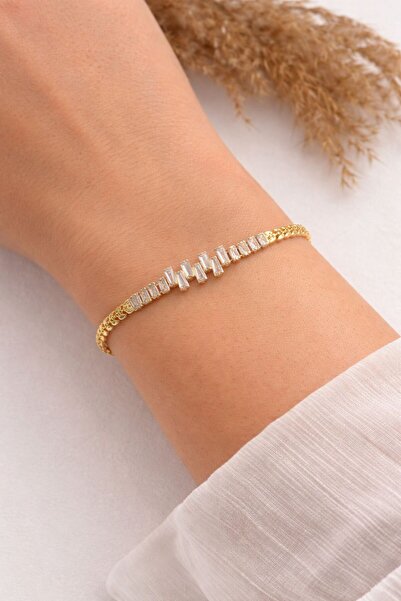 stainless steell Leaf Detailed Baguette Stone Steel Bracelet