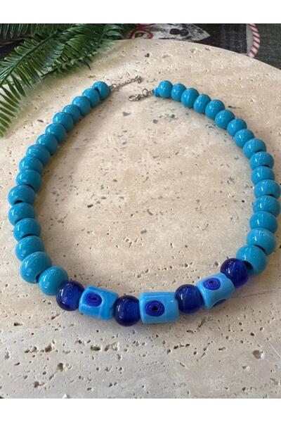 bizizmoda Bodrum Glass Bead Blue Evil Eye Beaded Necklace