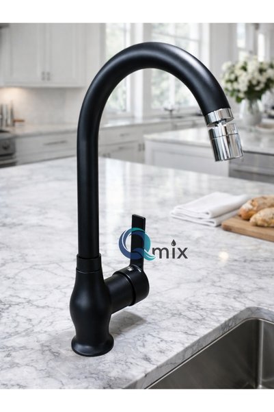 QMİX Luxury Kitchen Sink Faucet with Double Water Inlet, Black Color, Brass Body, 360 Degree Movable Aerator