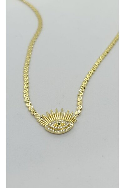 ndjewelry Green Stone Detailed Eye Figured Wicker Chain Gold Necklace (45+5 cm)