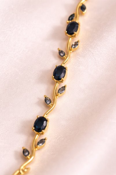 Lilith Takı Elegant Hanging Branch Bracelet with Navy Blue Stones |   Gold Tone Slim Design Stylish & Radiant Women's Accessory