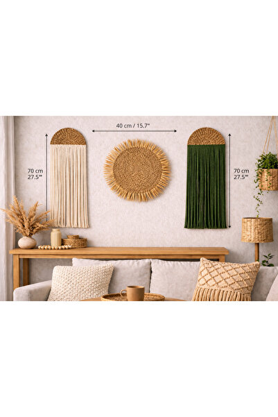 MACRAME WALL ORNAMENT AND BOHEMIAN WICKER SET OF 3