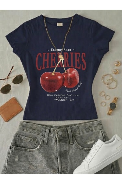 NİCE Γυναικείο κοντομάνικο μπλουζάκι με στάμπα κόκκινα κεράσια - Lycra