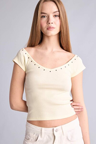 DeFacto Εφαρμοστό μπλουζάκι με λαιμόκοψη V και κοντό μανίκι H1170AX26SP