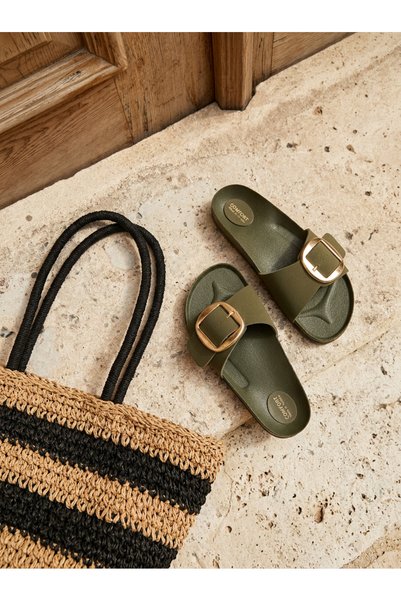 Encool Women's Khaki Slippers with Big Buckle – Stylish Summer Slippers with Comfortable Soles for Everyday Wear |   Minimal Design, Comfortable