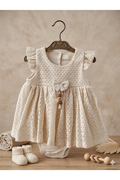 MİNİBORN Kız Bebek Krem Ajurlu Bohem Elbise Body - Fırfır Detaylı Vintage Beb...