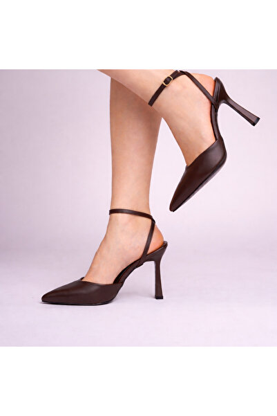 MİLOS Footwear Meryam Brown Leather Stiletto Heeled Shoes with Back Strap
