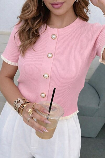 STF MODA Γυναικεία ζακέτα με κοντά μανίκια και λεπτομέρεια με κουμπιά