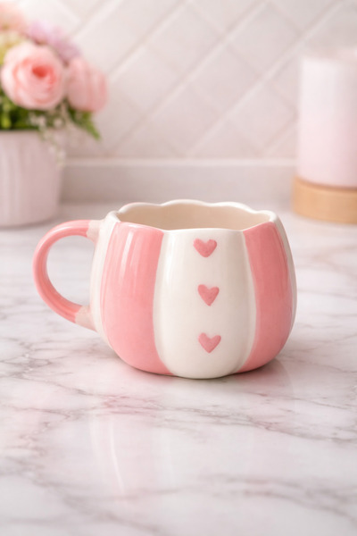 Kotium Ceramics Pink Stripe Pink Heart Pattern with Mouth Wave Detail Special...