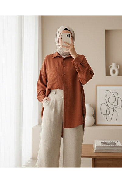 Modamorfo 20153 Single Pocket Oversize Linen Shirt - A. Tile