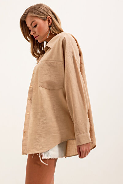 Modamorfo 20153 Single Pocket Oversize Linen Shirt - A.beige