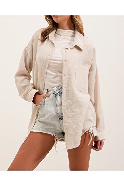 Modamorfo 20153 Single Pocket Oversize Linen Shirt - Cream