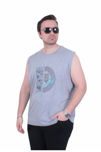 Starbattal Large Size Printed Sleeveless T-Shirt Moving 26122 Gray Melange