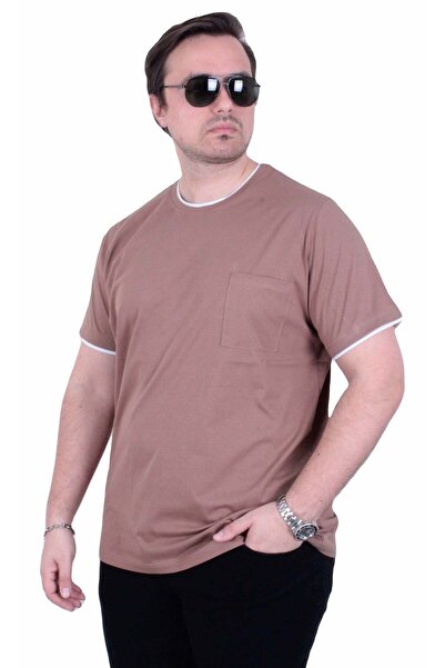 Starbattal Men's Large Size Crew Neck T-Shirt with Pocket 26143 Brown