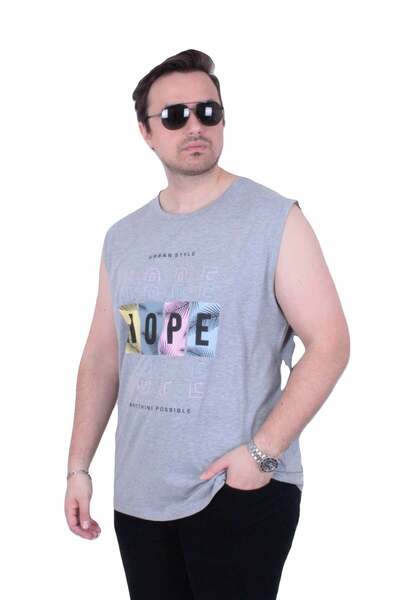 Starbattal Large Size Printed Sleeveless T-Shirt Hope 26124 Gray Melange