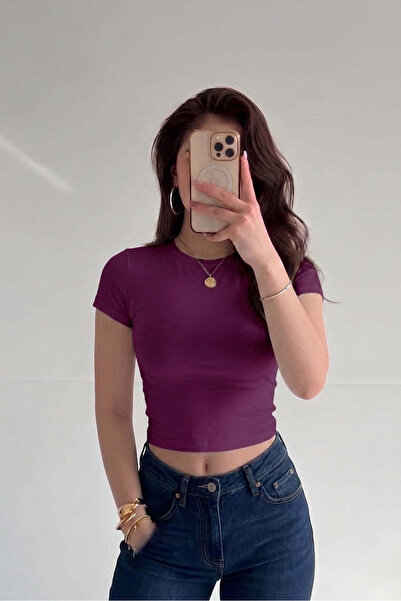VACHT Kadın Mürdüm Bisiklet Yaka Likralı Kısa Kol Body Crop Tişört