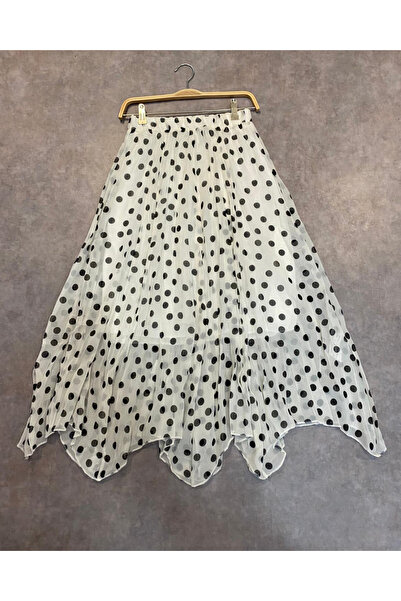 deqfashion Women's White Black Polka Dot High Waist Elastic Chiffon Asymmetri...