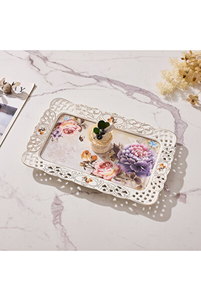 Malooki Πορσελάνινος δίσκος σερβιρίσματος με vintage φλοράλ σχέδιο, με διάτρη...