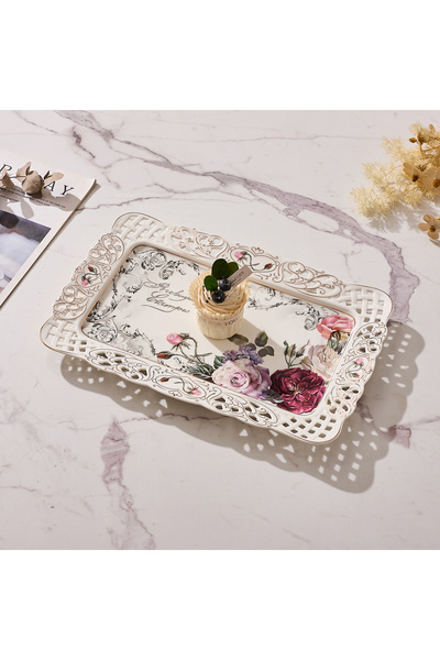 Malooki Πορσελάνινος δίσκος σερβιρίσματος με vintage φλοράλ σχέδιο, με διάτρη...