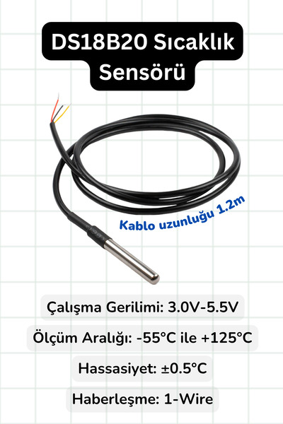Scordion DS18B20 Dijital Sıcaklık Sensörü 1.2 Metre Kablolu Su Geçirmez Prob
