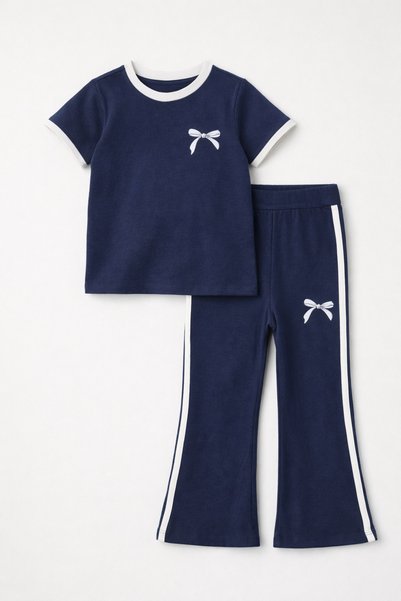 My Baby's World Flared Leggings with Stripes on the Edge & Embellished T-Shirt with Ribbon Print, 2-Piece Girls' Set (2-9 Years Old)