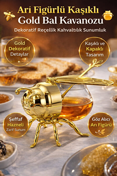 Mareluxe Arı Figürlü Kaşıklı Gold Bal Kavanozu Kapaklı Dekoratif Reçellik Kah...
