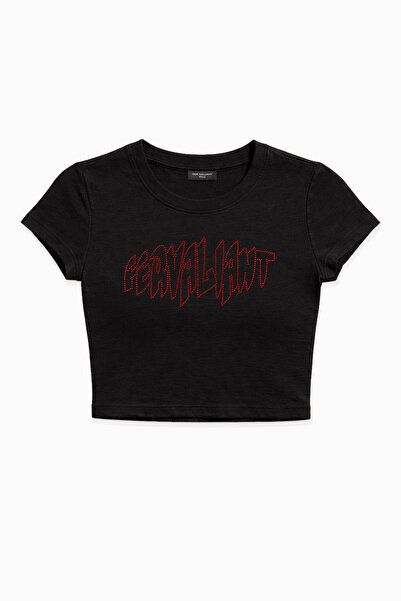 Fer Valiant Tricou crop pentru femei, cu imprimeu piramidal cu strasuri