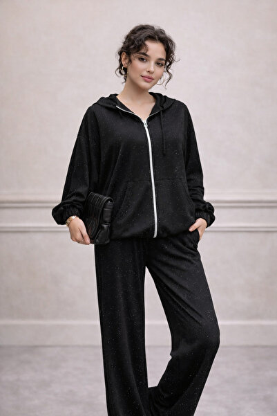 PELİNORA Women's Black Tracksuit Set Hooded Zippered Casual Comfortable Two-P...