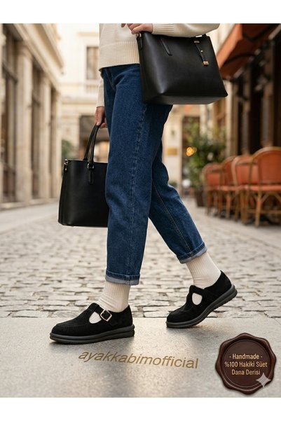 a ayak&kabım official Genuine Leather Mary Jane Shoes - Handcrafted Premium Cowhide Leather - Thermo Sole - Black Suede