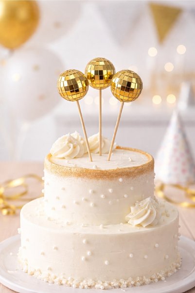 BKMC PARTY Gold Gümüş Disko Top Pasta Süsü (3’lü) – Şık Parti Cake Topper Pas...
