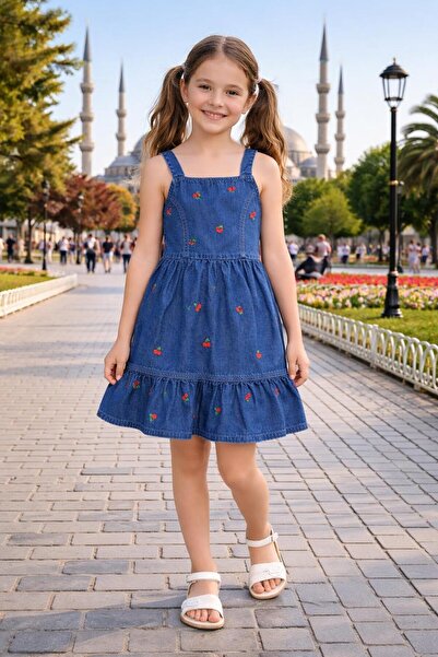Ede Tekstil KİRAZ NAKIŞLI JEANS ASKILI KOT ELBİSE