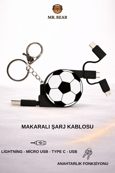 MR.BEAR Makaralı Çoklu Şarj Kablosu Anahtarlık ve Futbol Topu Tasarımlı 1 Metre
