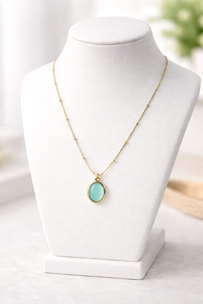 Vipfoni Gold Color Natural Stone Oval Steel Necklace with Ball Chain
