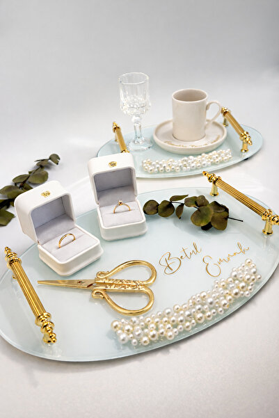 Nura Collection İnci Söz Nişan Tepsi Seti Gold, İncili Damat Kahve Tepsisi İn...