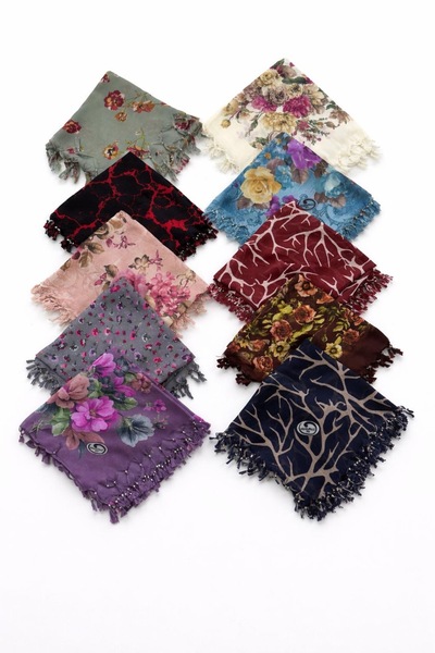 HUZURLU (5'li karışık set) çiçek desenli yumuşak dokulu boncuklu eşarp(110x110)