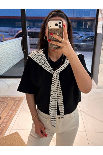 Atkılı Siyah Oversize T-Shirt