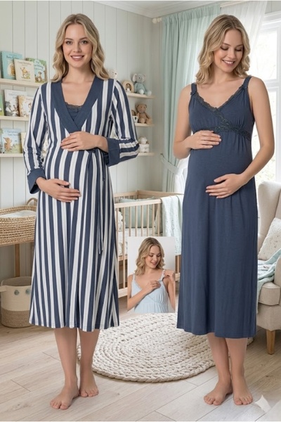 LOHOUSE Women's Plaid Patterned Lace 2-Piece Maternity Nightgown Set with Dre...