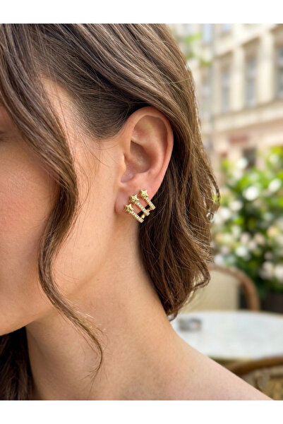 Yıldız Figürlü Küpe,14k Gold Renk Zirkon Taşlı Üçlü Görünümlü, Xuping