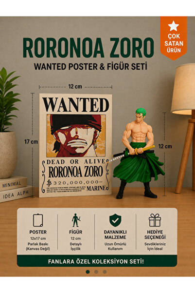FigurBende Roronoa Zoro Wanted Poster & Figür Seti 12x17 cm Poster + 12 cm An...