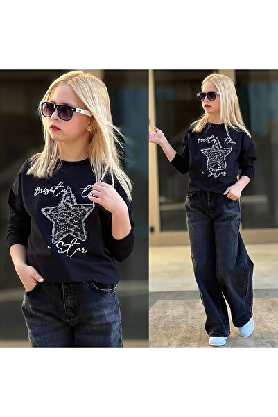 Kız Çocuk Yıldız Baskılı Sweatshirt ve Geniş Paça Jean Takım