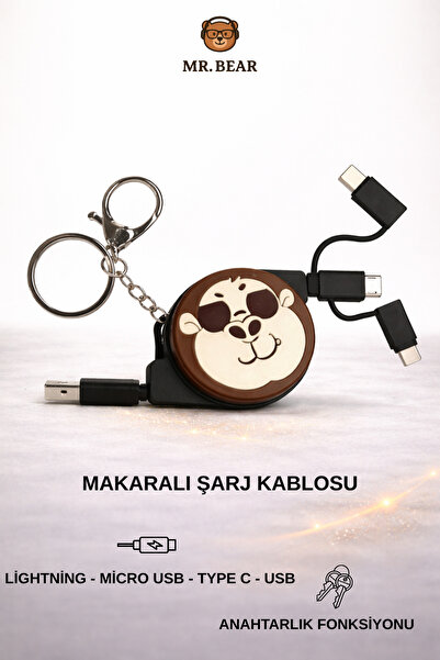 MR.BEAR Makaralı Çoklu Şarj Kablosu Anahtarlık ve Maymun Tasarımlı 1 Metre